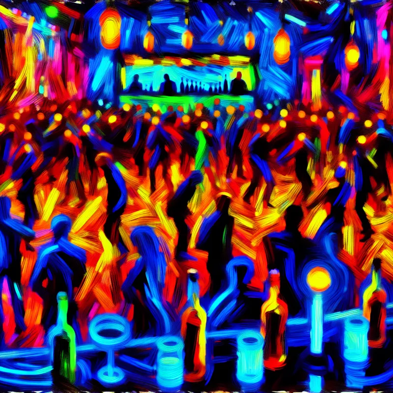 Abstract expressionistisch schilderij van een bruisende nachtclub in Amsterdam met dansende mensen, neonkleuren en een levendige sfeer, geïnspireerd op Willem de Kooning