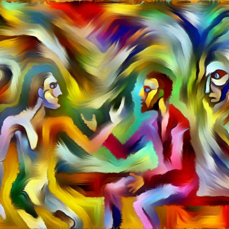 Abstracte expressionistische afbeelding van twee figuren in een chaotisch gesprek, waarvan één wijs gebaart en de ander in verwarring is.