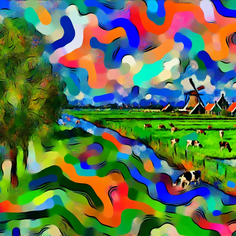 Abstract polderlandschap in Karel Appel-stijl met grazende koeien en polderhuizen.