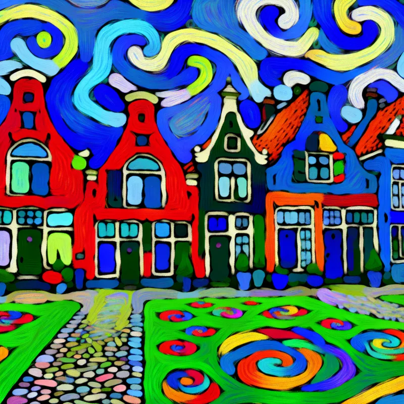 Kleurrijke, abstracte weergave van een besloten woonerf in een oude Nederlandse stad, met twaalf kleurrijke huisjes rondom een levendige binnenplaats in de stijl van Karel Appel