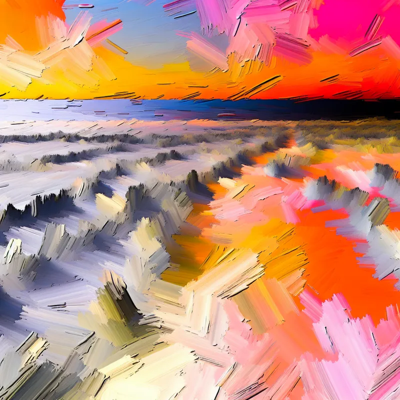 Abstract expressionistisch landschap bij zonsopgang, symbool voor een nieuw begin met levendige kleuren en vloeiende vormen