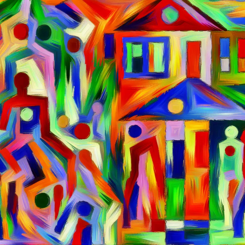 Abstracte voorstelling van een 'normaal' leven, geïnspireerd door Willem de Kooning, met een huis en spelende kinderen.