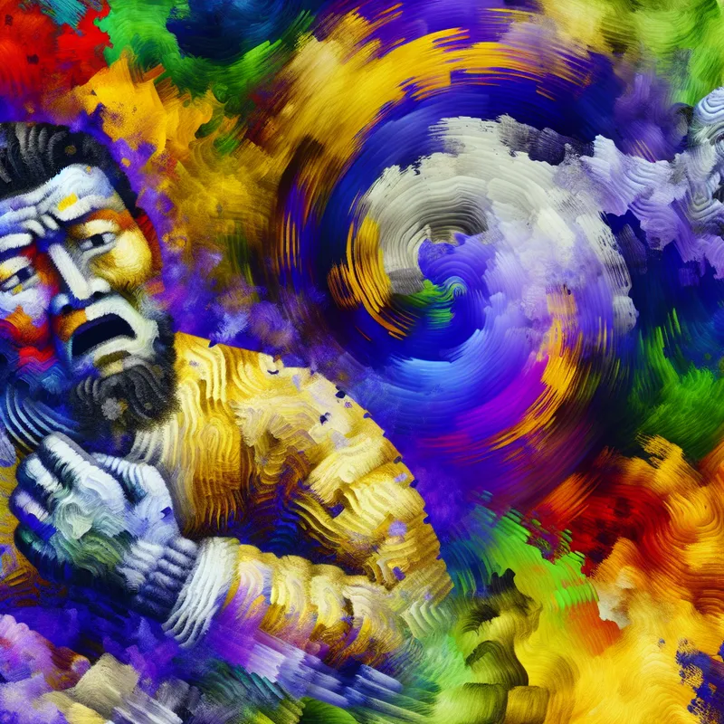 Abstracte weergave van ongemak met een vervormd figuur die zijn schouder vasthoudt, omringd door chaotische kleuren en agressieve penseelstreken.