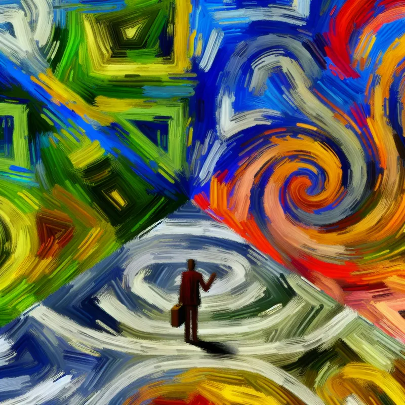 Abstract expressionistisch schilderij van een persoon bij een kruispunt met dynamische perspectieven en kleurrijke lijnen, symboliserend verschillende oogpunten in een discussie of analyse