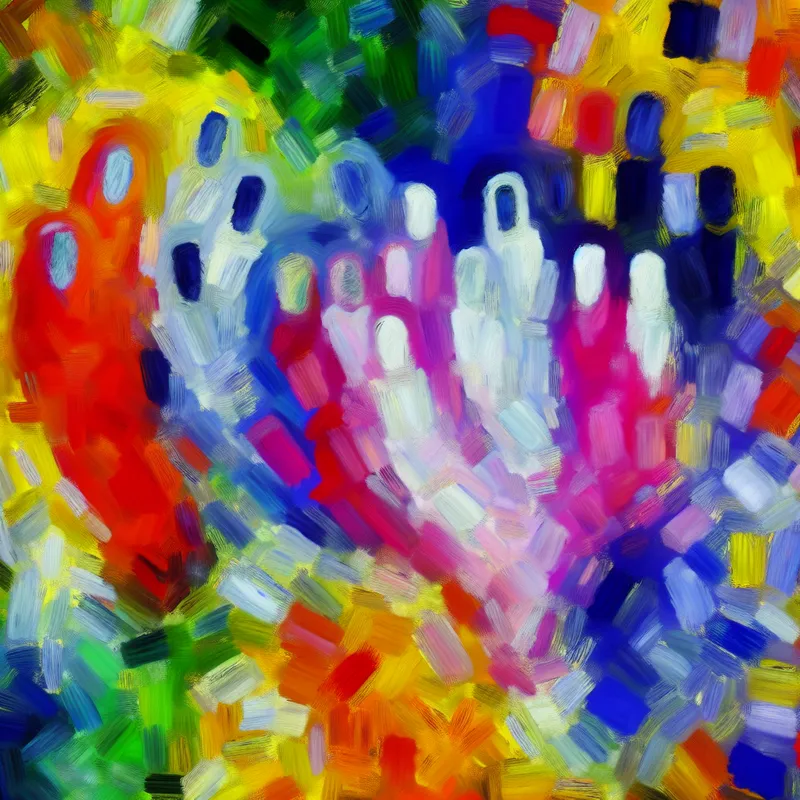 Abstract schilderij van kleurrijke figuren die verdwijnen of wegvallen, geïnspireerd op de stijl van Karel Appel