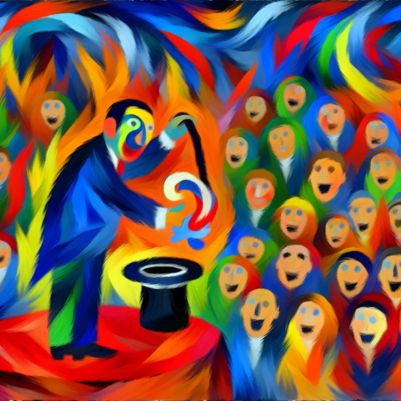 Abstracte voorstelling van een goochelaar die een konijn uit een hoed tovert voor een enthousiast publiek tijdens een live optreden in felle kleuren