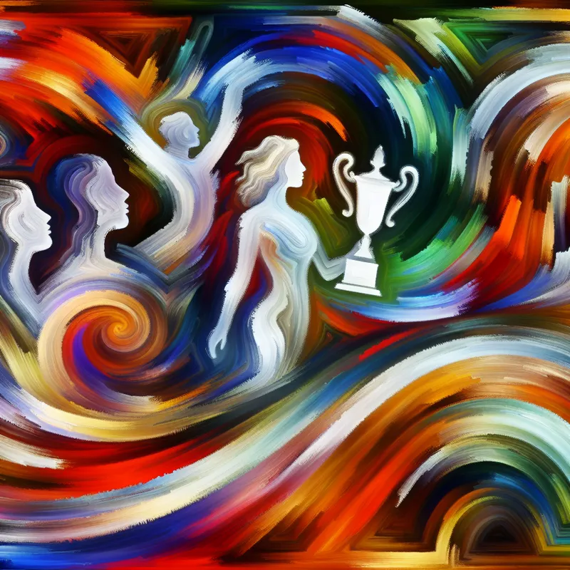 Abstracte uitbeelding van een meisje met trofee in de stijl van Willem de Kooning