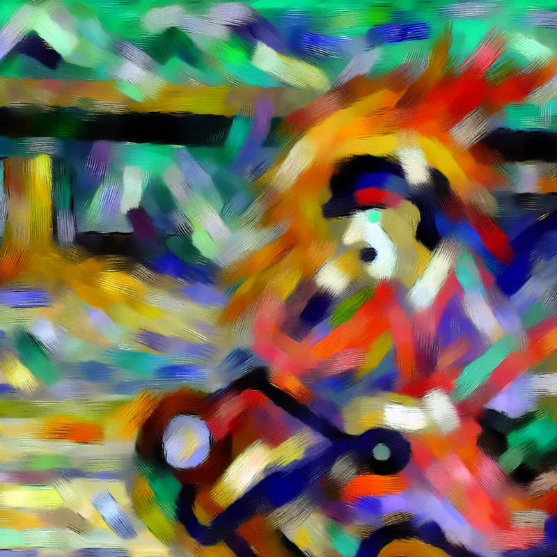 Abstract expressionistisch kunstwerk met dynamische penseelstreken en een figuur die net vertrokken is, symboliserend het concept 'pas' of 'net gebeurd' in taal en tijd