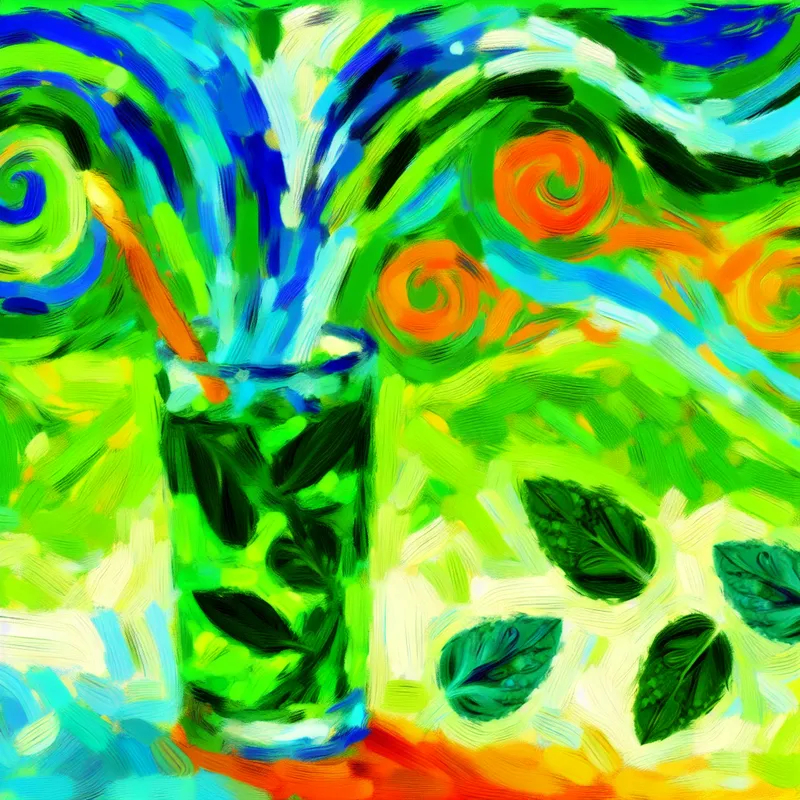 Abstract beeld van een glas verfrissende pepermuntthee omringd door abstracte muntbladeren in levendige kleuren.