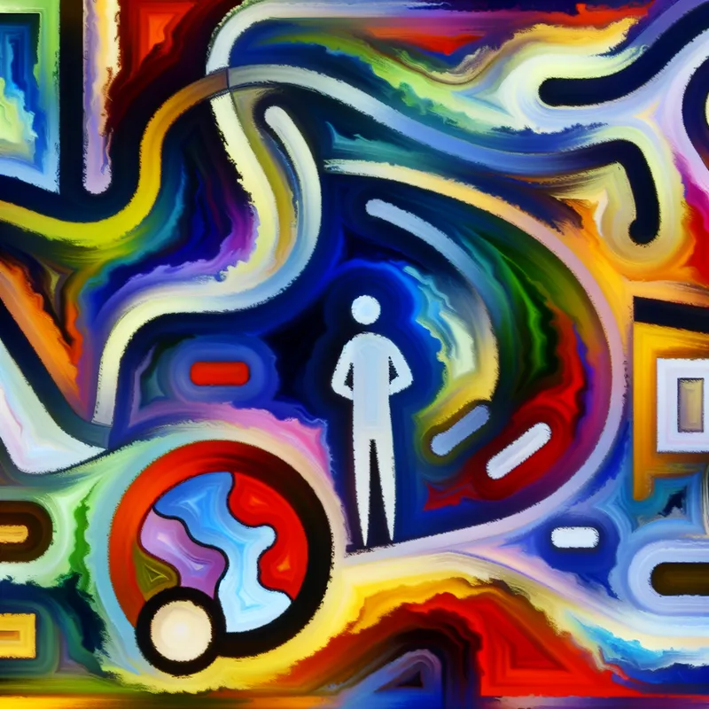 Abstracte afbeelding van een persoon die nadenkt over een belangrijke beslissing, omringd door levendige kleuren en vormen die gedachten en emoties symboliseren.