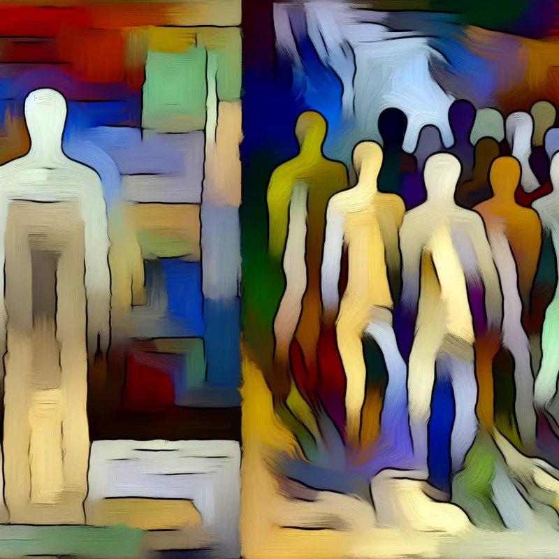 Abstract expressionistisch schilderij dat de tegenstelling tussen privilege en marginalisatie uitbeeldt, met een dominante figuur in lichte tinten en een groep dynamische, gefragmenteerde figuren in warme kleuren