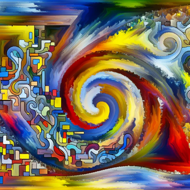 Abstract scene met levendige kleuren en dynamische vormen die de complexiteit van een project uitdrukken, met geometrische vormen die ideeën vertegenwoordigen.