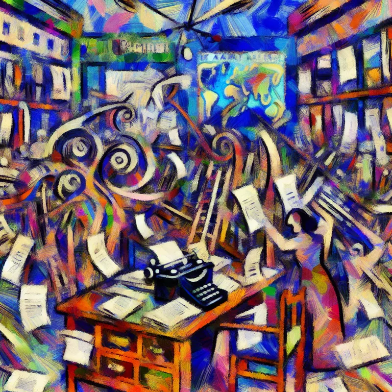 Abstract expressionistisch kantoorinterieur van een reisbureau met chaotische maar gestructureerde opstelling, bureau met papieren, computer en reisbrochures, dynamische figuren en wereldkaart op de achtergrond