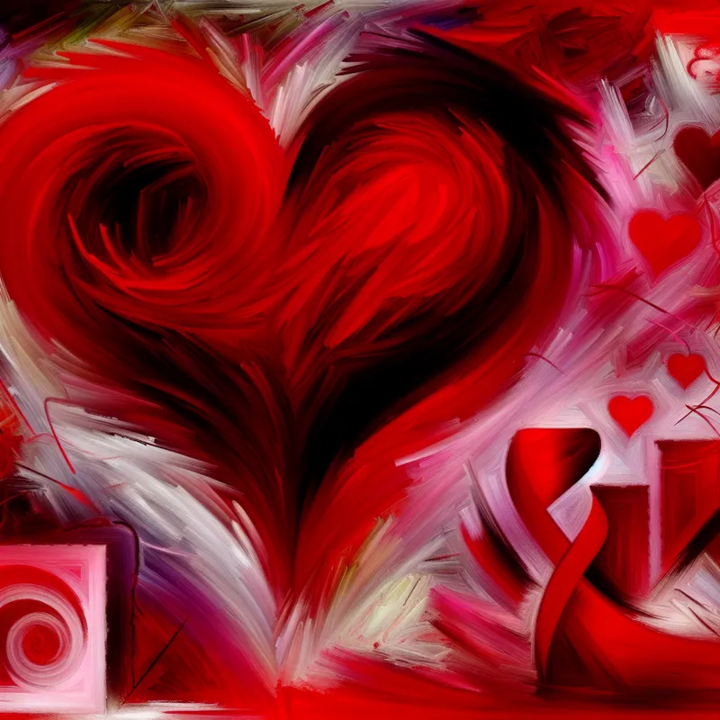 Abstract expressionistisch schilderij van een dynamisch rood hart als symbool van liefde, met expressieve penseelstreken en chaotische patronen voor Valentijnsdag