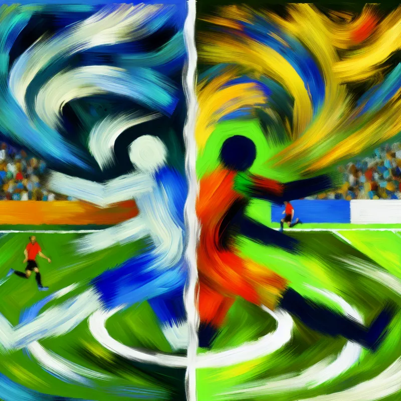 Abstract expressionistische voorstelling van twee figuren die van plaats ruilen op een voetbalveld, met dynamische penseelstreken in blauw, wit, rood en geel