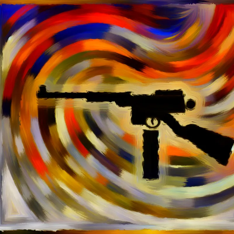 Abstract expressionistisch kunstwerk met symbolische weergave van een schietwapen, dynamische penseelstreken en felle kleuren voor figuurlijke betekenis van macht en controle