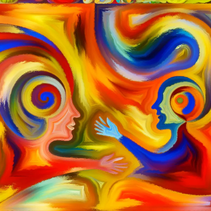 Abstract schilderij van twee figuren in warme en koele tonen die naar elkaar reiken, omringd door kleurrijke wervelingen die emoties en gedachten vertegenwoordigen.