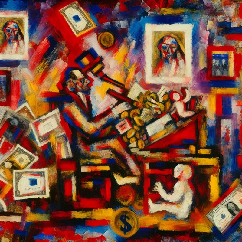 Abstract expressionistisch schilderij van een genderneutrale persoon die intens aan een bureau werkt, omringd door rekeningen, geld en familiefoto's.