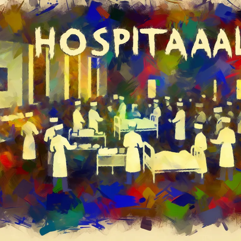 Abstract schilderij geïnspireerd door Willem de Kooning met een chaotische scene in een ziekenhuissetting, drukke penseelstreken en de tekst 'hospitaal'.