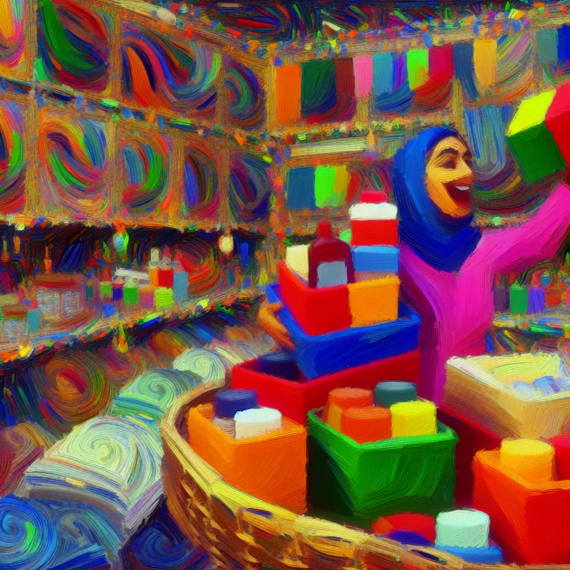 Abstract schilderij in de stijl van Karel Appel van een vrouw met vreugdevolle uitdrukking in een kleurrijke winkel