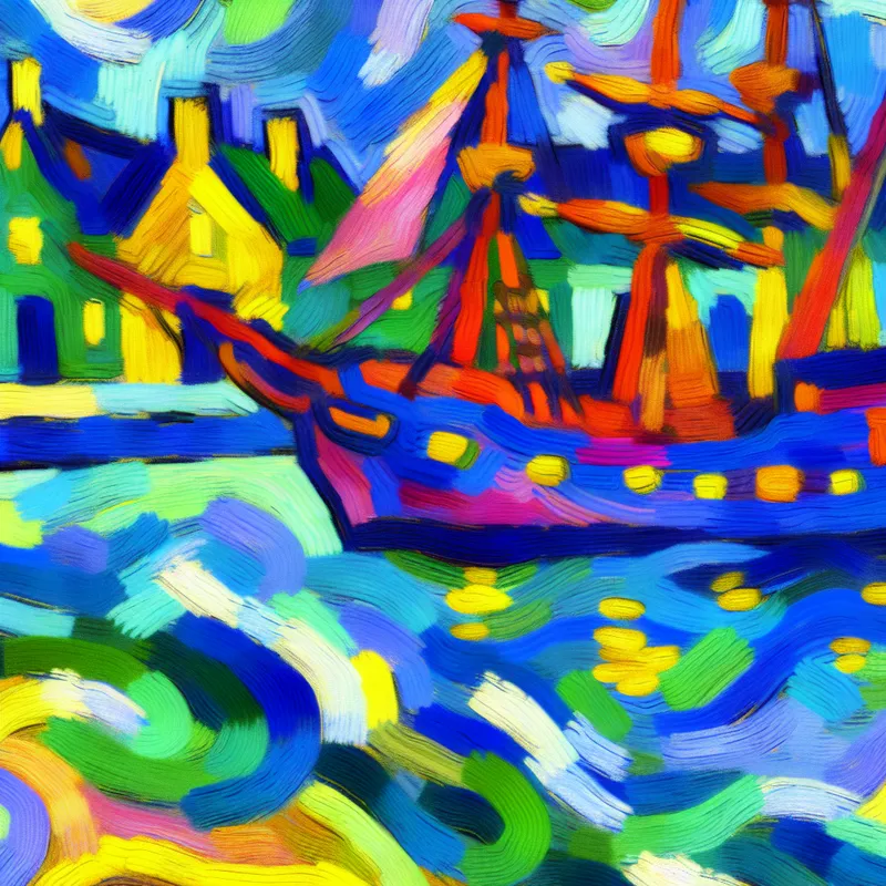 Abstract schilderij van een schip dat voorzichtig een haven binnenvaart met dikke penseelstreken en felle kleuren in de stijl van Karel Appel