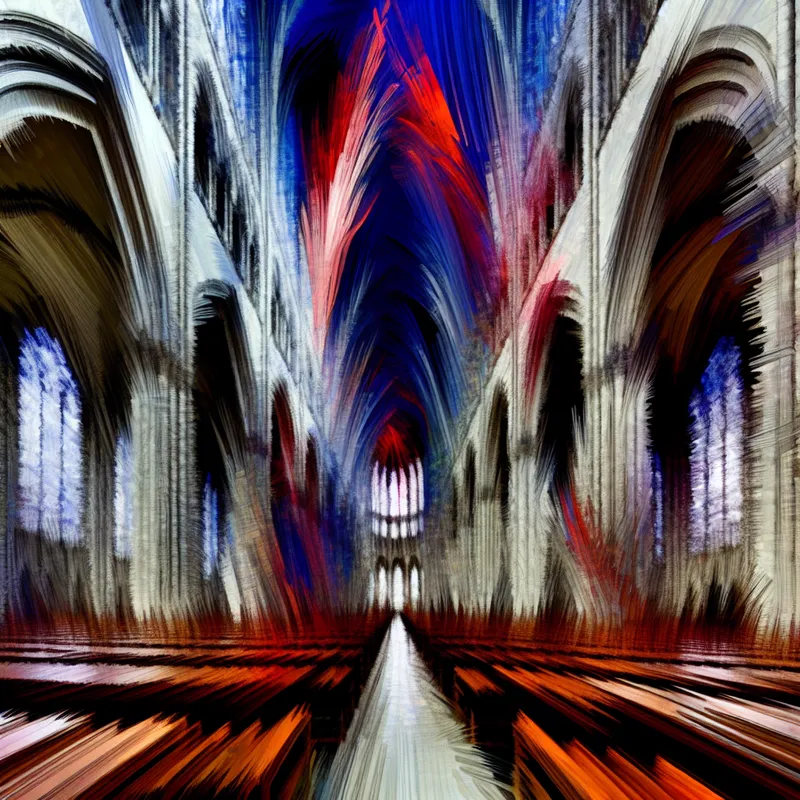 Abstract expressionistische interpretatie van het schip van een kathedraal met dynamische penseelstreken en levendige kleuren