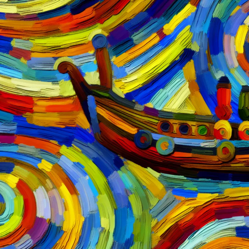Abstract schilderij van een speels houten schip verdeeld in twintig kleurrijke segmenten, elk een voet (oude Nederlandse lengtemaat) voorstellend, in de expressieve stijl van Karel Appel