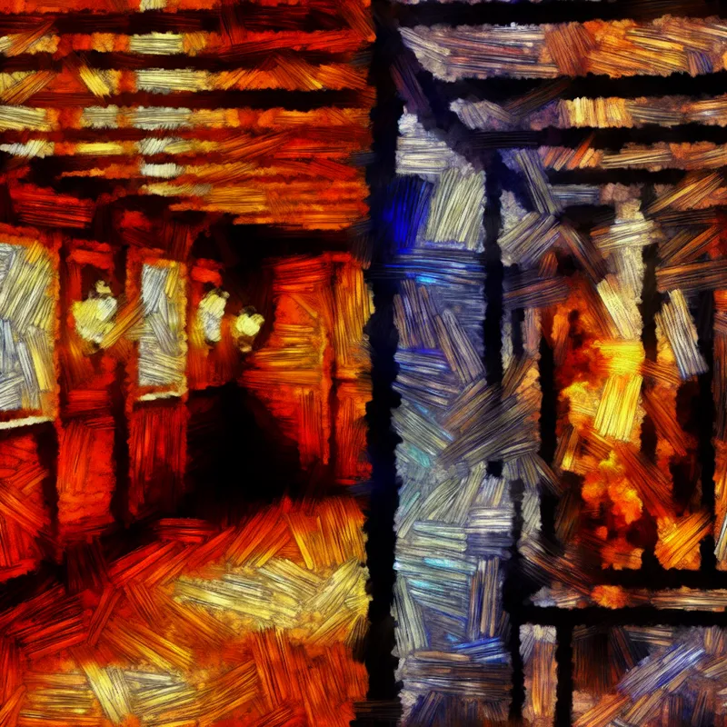 Abstract expressionistisch schilderij van een scheidingswand (schot) in een schip of ruimte, met warme kajuit aan de ene kant en koude, donkere ruimte aan de andere kant