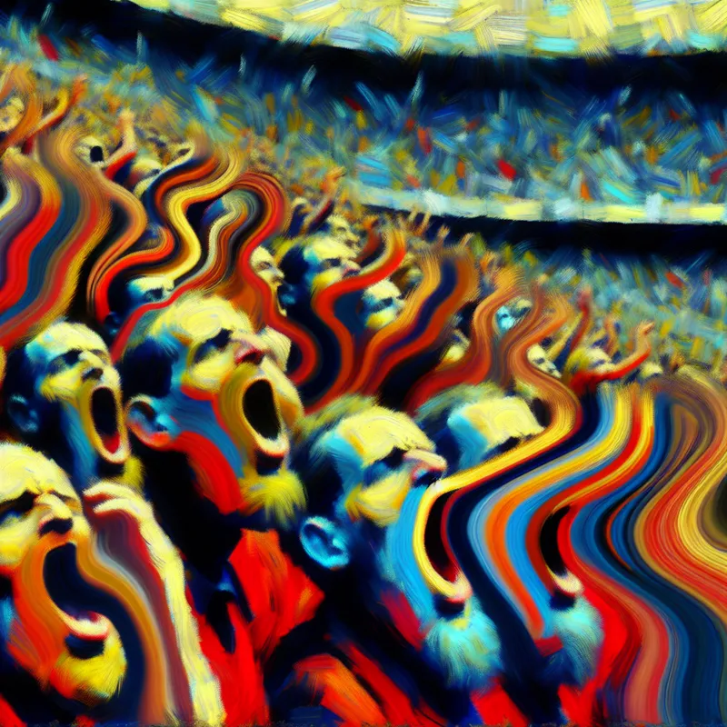Abstract expressionistische voorstelling van een luidruchtige menigte in een stadion, met uitvergrote gezichten die hard schreeuwen of zingen, dynamische kleuren en energieke penseelstreken