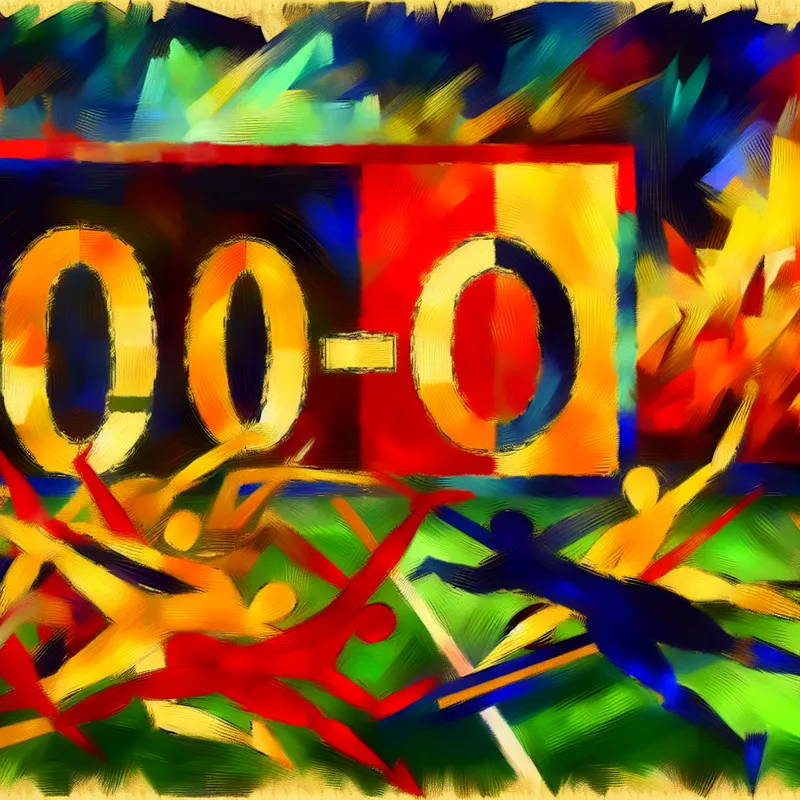 Abstracte afbeelding van een scorebord met de score '0-0' in het midden, omringd door levendige kleuren en abstracte vormen die beweging en energie suggereren.