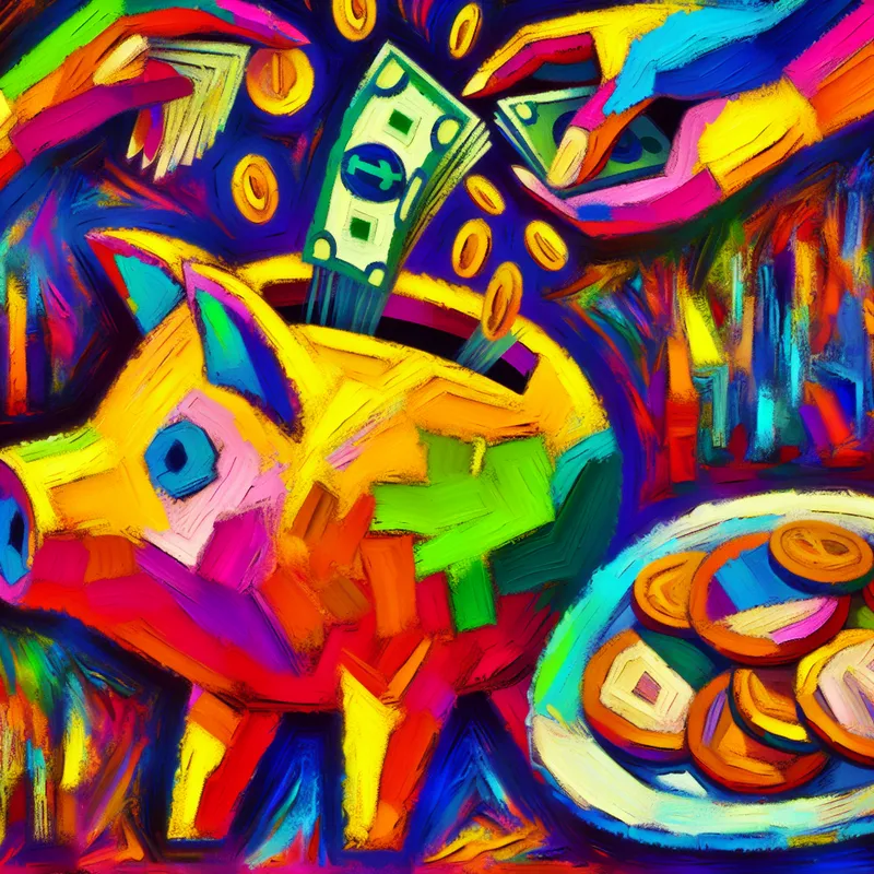 Kleurrijke, abstracte spaarpot vol munten en briefgeld, met kinderhandjes die geld bewaren en een bord koekjes met deksel 'voor morgen'