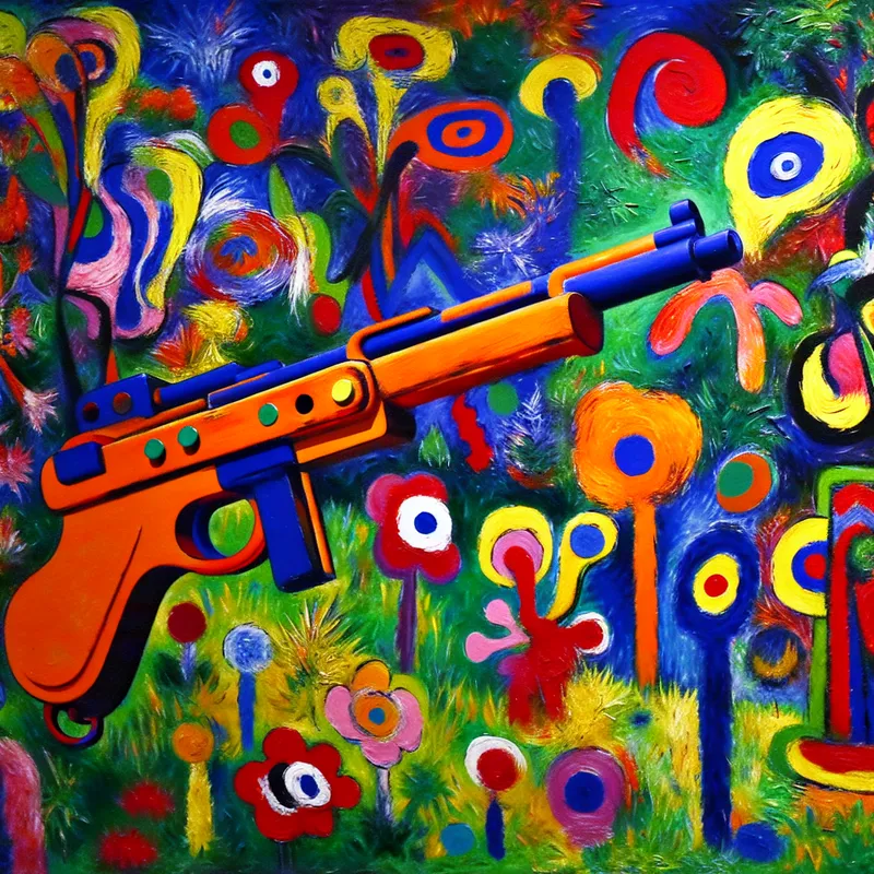 Kleurrijk houten speelgoedgeweer in abstracte stijl van Karel Appel met vrolijke tuinscène op de achtergrond