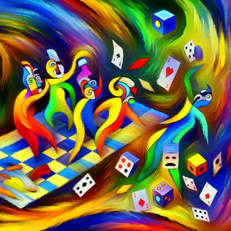 Abstracte voorstelling van een chaotisch spelverlies met gefrustreerde figuren en verspreide spelstukken in felle kleuren