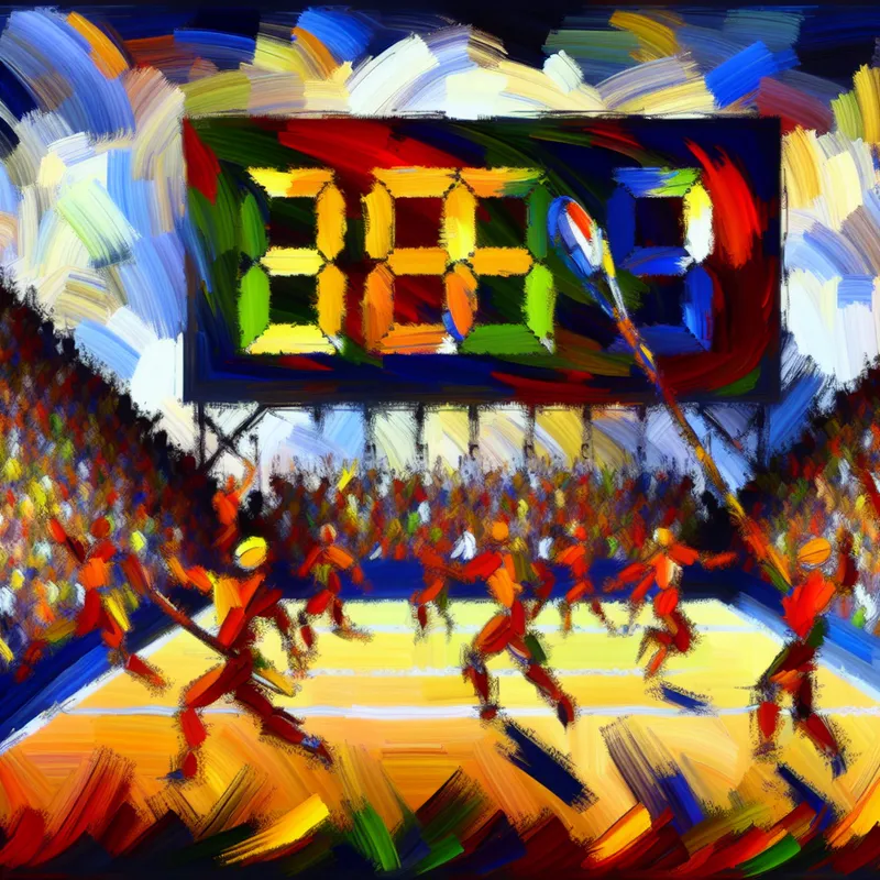 Abstracte weergave van een scorebord in een competitieve sportomgeving met kleurrijke, dynamische figuren die sportieve actie uitstralen.