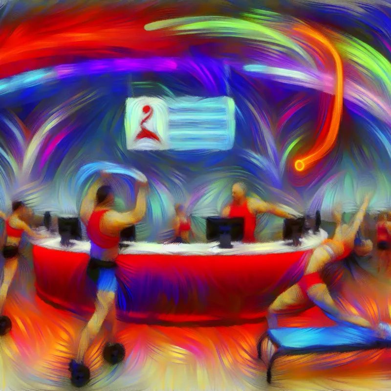 Abstract expressionistische weergave van een moderne sportschool met dynamische bewegingen, gewichtheffen en yoga, met nadruk op abonnementen en lidmaatschap