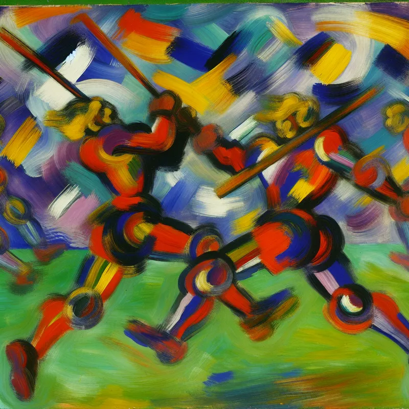 Abstract schilderij van een dynamische sportwedstrijd met twee teams in felle kleuren, geïnspireerd op Karel Appel, die de tegenstelling en spanning van een kruis in sport benadrukt