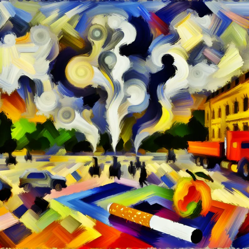 Abstracte weergave van een levendig stadsplein met kleurrijke borrelvormen die te maken hebben met de uitbanning van roken, waar sigaretten worden weg geduwd door gezonde voedselrepresentaties.