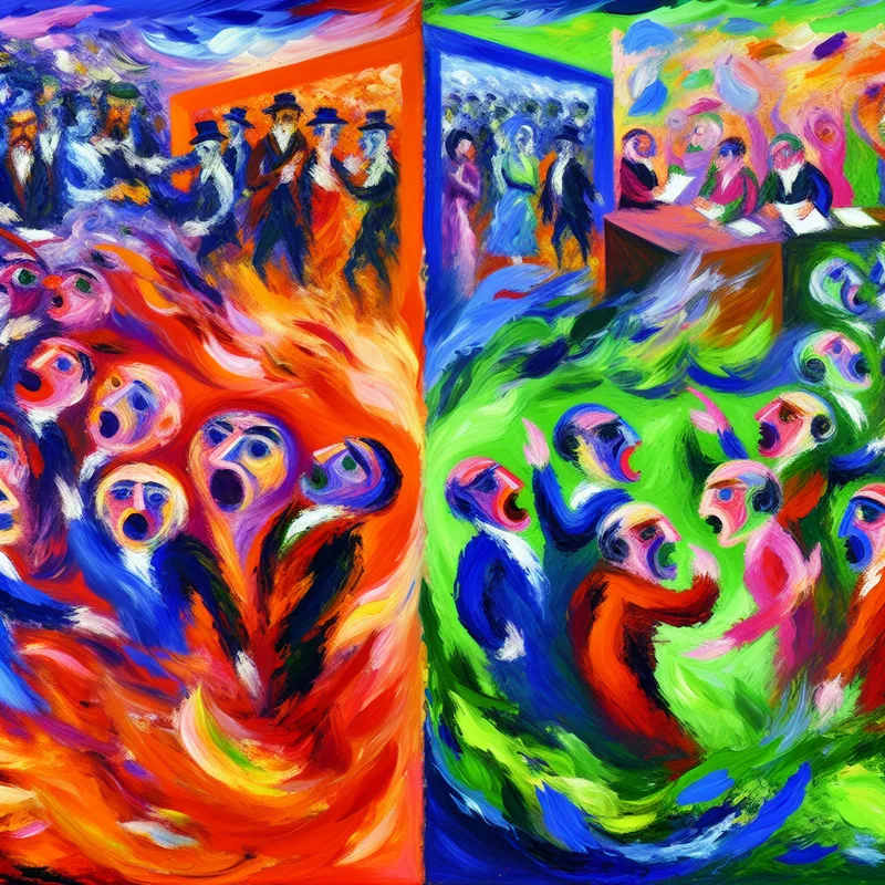 Abstract schilderij van twee groepen figuren die tegengestelde standpunten in een debat symboliseren, geïnspireerd op de stijl van Karel Appel