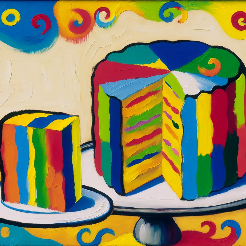 Abstract schilderij van een kleurrijke taart met een los stuk, symbool voor 'deel van een geheel' in de expressieve stijl van Karel Appel