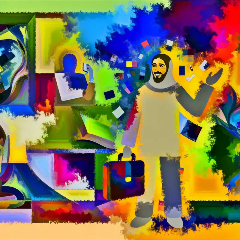 Abstracte scène van een tevreden persoon omgeven door werkgerelateerde items in de stijl van Karel Appel