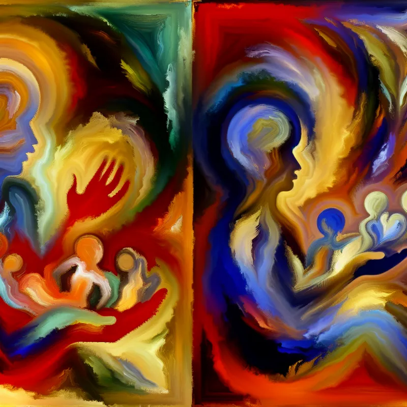 Abstract expressionistisch schilderij van een persoon omringd door warme en koele kleuren die generositeit en geduld tonen, symboliserend hoe gedrag gevoelens en overtuigingen uitdrukt