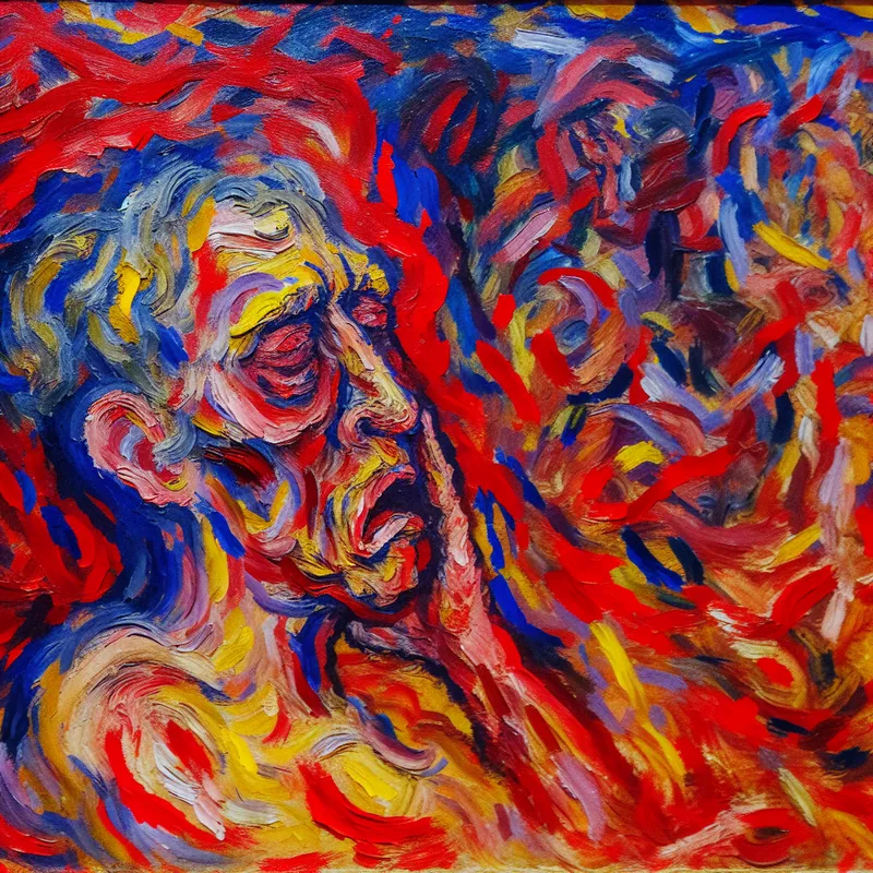 Abstract expressionistisch schilderij van een uitgeput persoon met chaotische penseelstreken in felle kleuren, emotionele en fysieke uitputting uitbeeldend