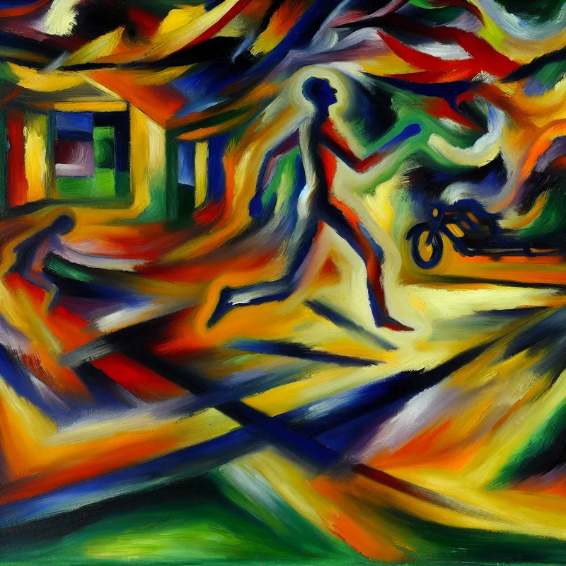 Abstract expressionistisch schilderij van een figuur die wegloopt zonder afscheid, symboliserend uitsluiting en abrupt vertrek