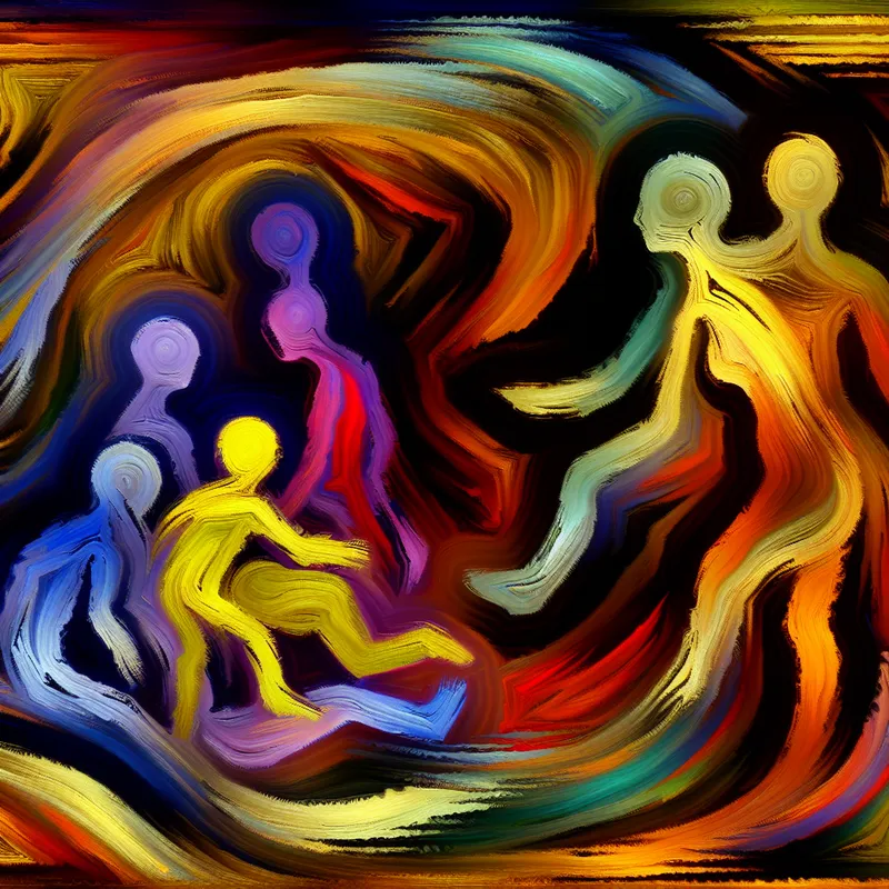 Abstract expressionistisch schilderij dat de verdeling van verantwoordelijkheid tussen twee volwassenen en kinderen symboliseert met dynamische penseelstreken en contrasterende kleuren