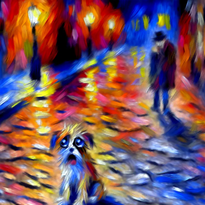 Kleine, eenzame hond met trieste ogen, verlaten op een gebarsten stoep in abstracte stijl van Karel Appel, symboliserend 'in de steek laten'