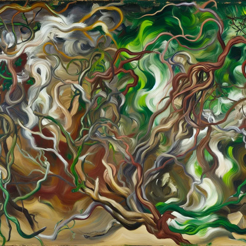 Abstract expressionistisch schilderij van het natuurlijke verloop van groei met dynamische penseelstreken in groen, bruin en felle kleuren