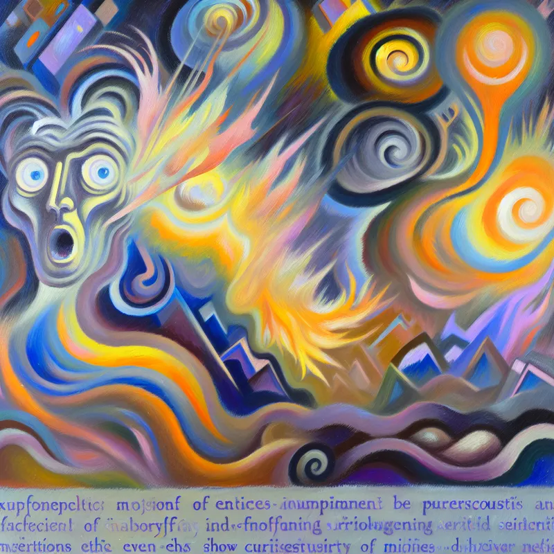 Een abstract expressionistisch schilderij van een verraste persoon in een chaotische, levendige omgeving met felle kleuren en krachtige penseelstreken.