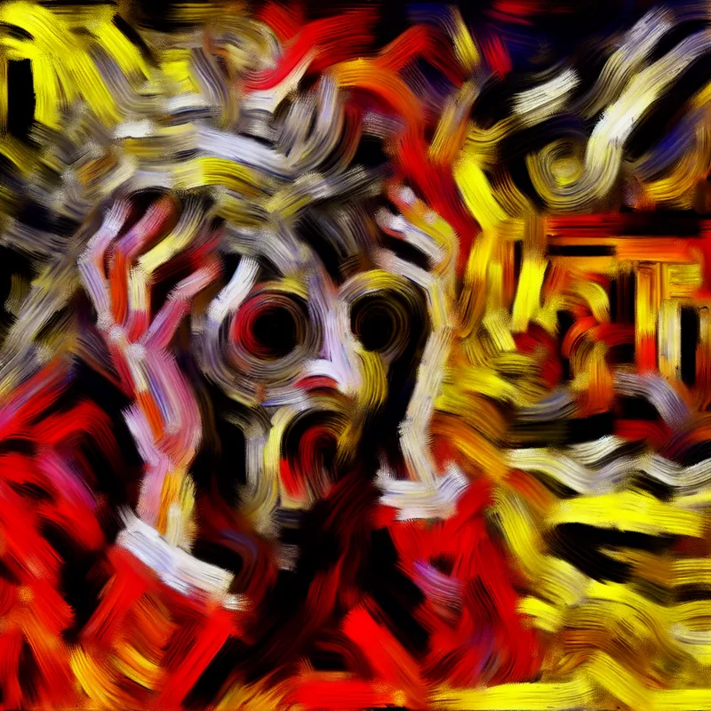 Abstract expressionistisch schilderij van een verward en paniekerig persoon met chaotische, zwierende penseelstreken in felle kleuren zoals rood, geel en zwart