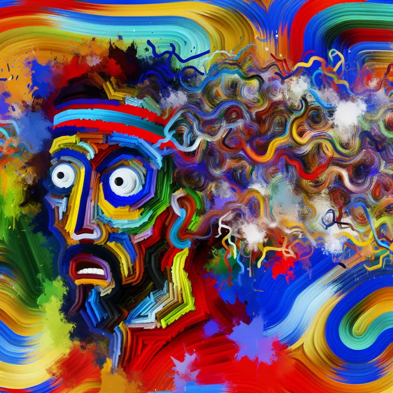 Abstracte voorstelling van een verward persoon met chaotische gedachten, geschilderd in expressieve stijl met felle kleuren en verwrongen gezichtskenmerken