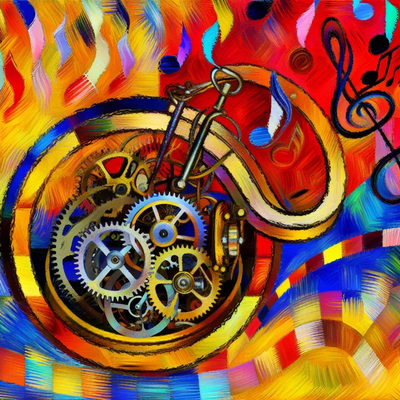 Abstract schilderij van een vintage horloge en een muziekdoos met kleurrijke achtergronden in de stijl van Karel Appel.